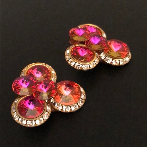 HOT PINK IRIDESCENT RHINESTONE GEM GOLD EARRINGS - Picture 11 of 15